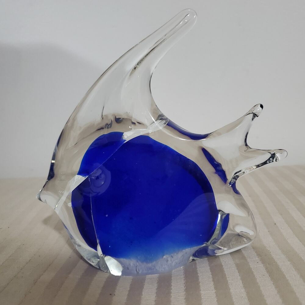 Vintage Glass Angel Fish Blue and Clear Paperweight Decor Figurine